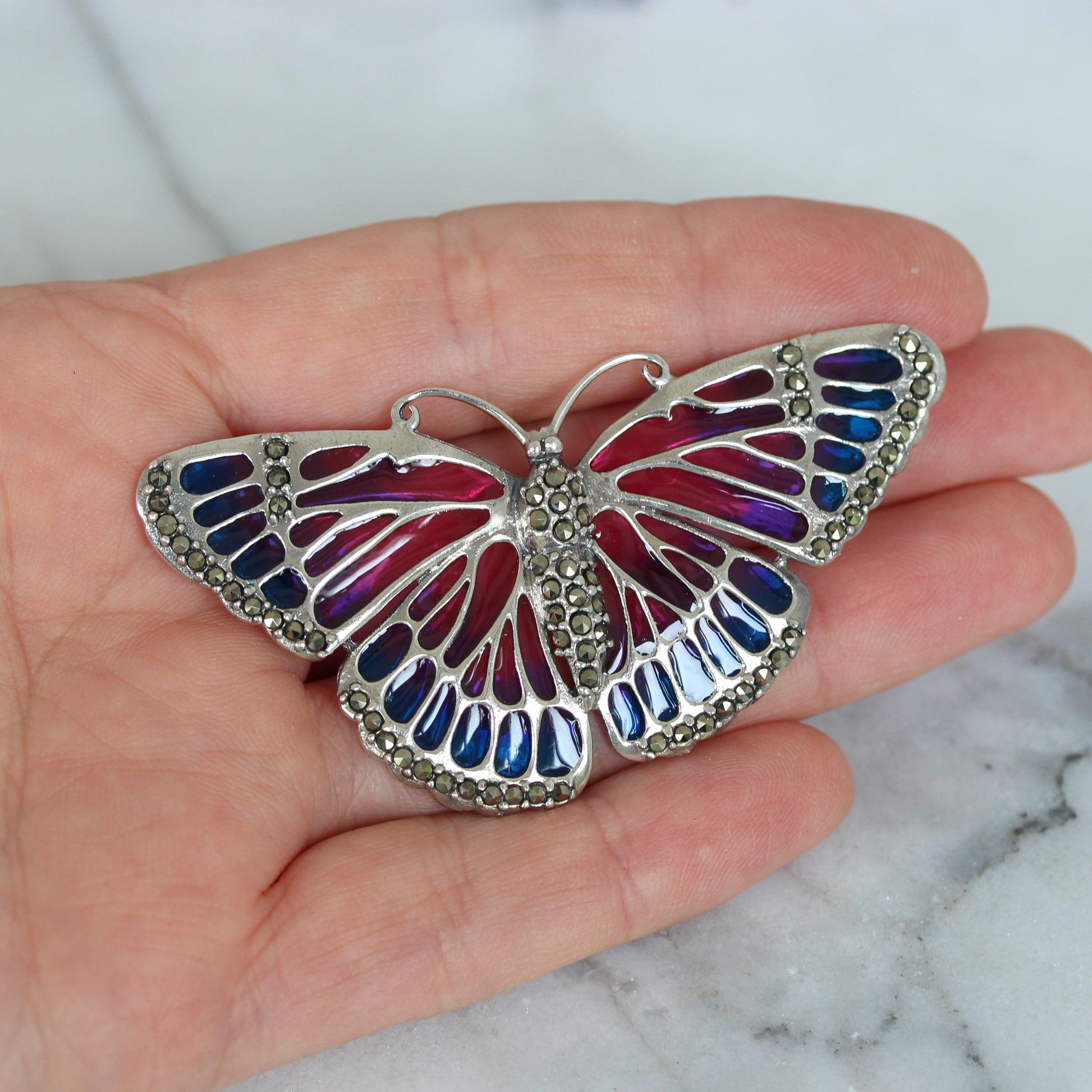 Sterling Silver Marcasite & Pink Enamel Big Butterfly Brooch Pin - STERLING SILVER DESIGNS