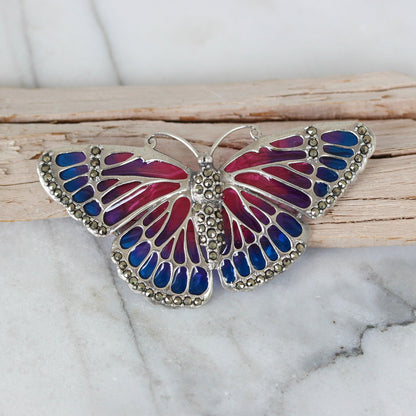 Sterling Silver Marcasite & Pink Enamel Big Butterfly Brooch Pin - STERLING SILVER DESIGNS