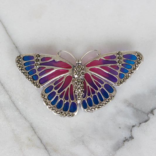 Sterling Silver Marcasite & Pink Enamel Big Butterfly Brooch Pin - STERLING SILVER DESIGNS