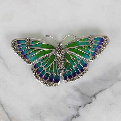 Sterling Silver Marcasite & Green/Blue Enamel Big Butterfly Brooch Pin - STERLING SILVER DESIGNS