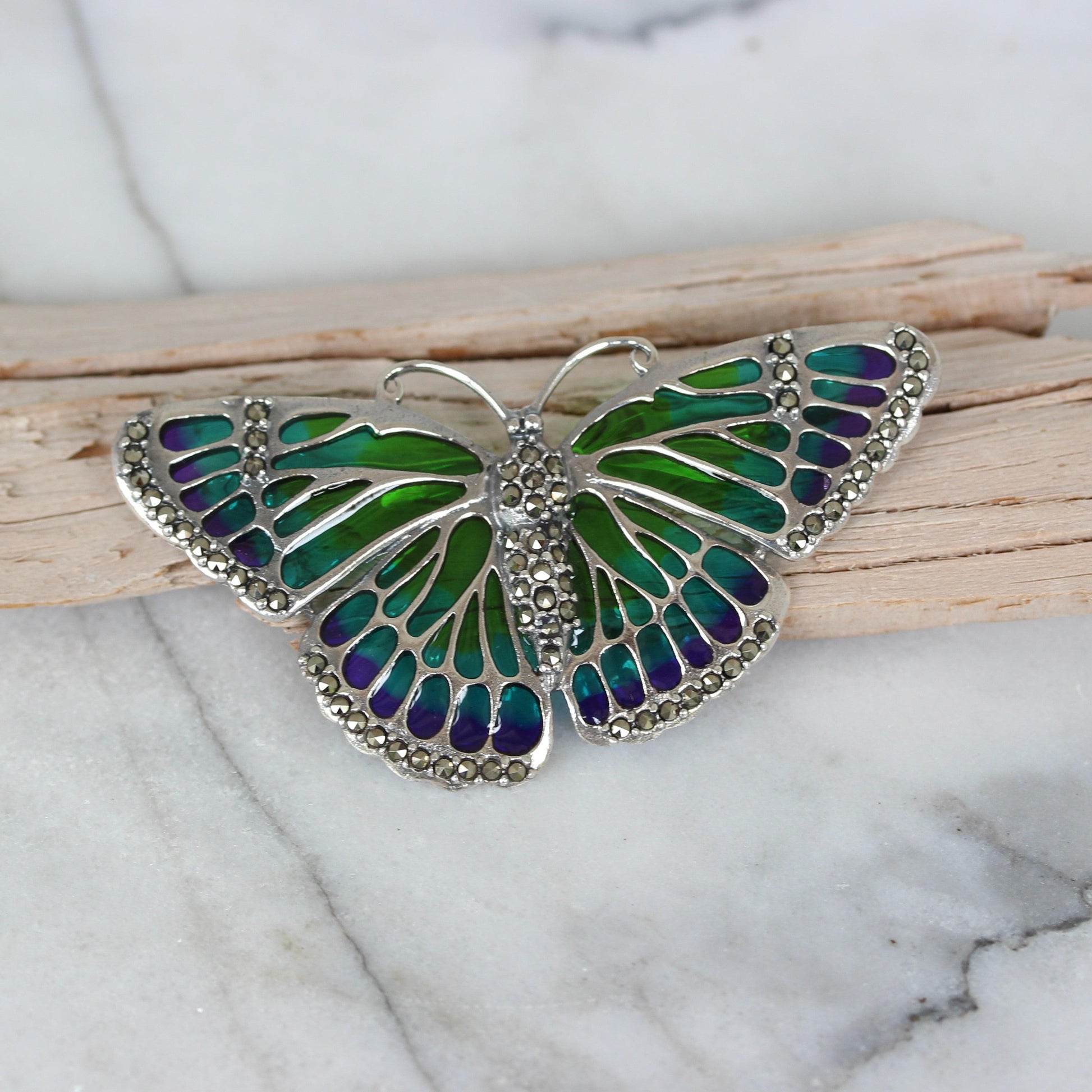 Sterling Silver Marcasite & Green/Blue Enamel Big Butterfly Brooch Pin - STERLING SILVER DESIGNS