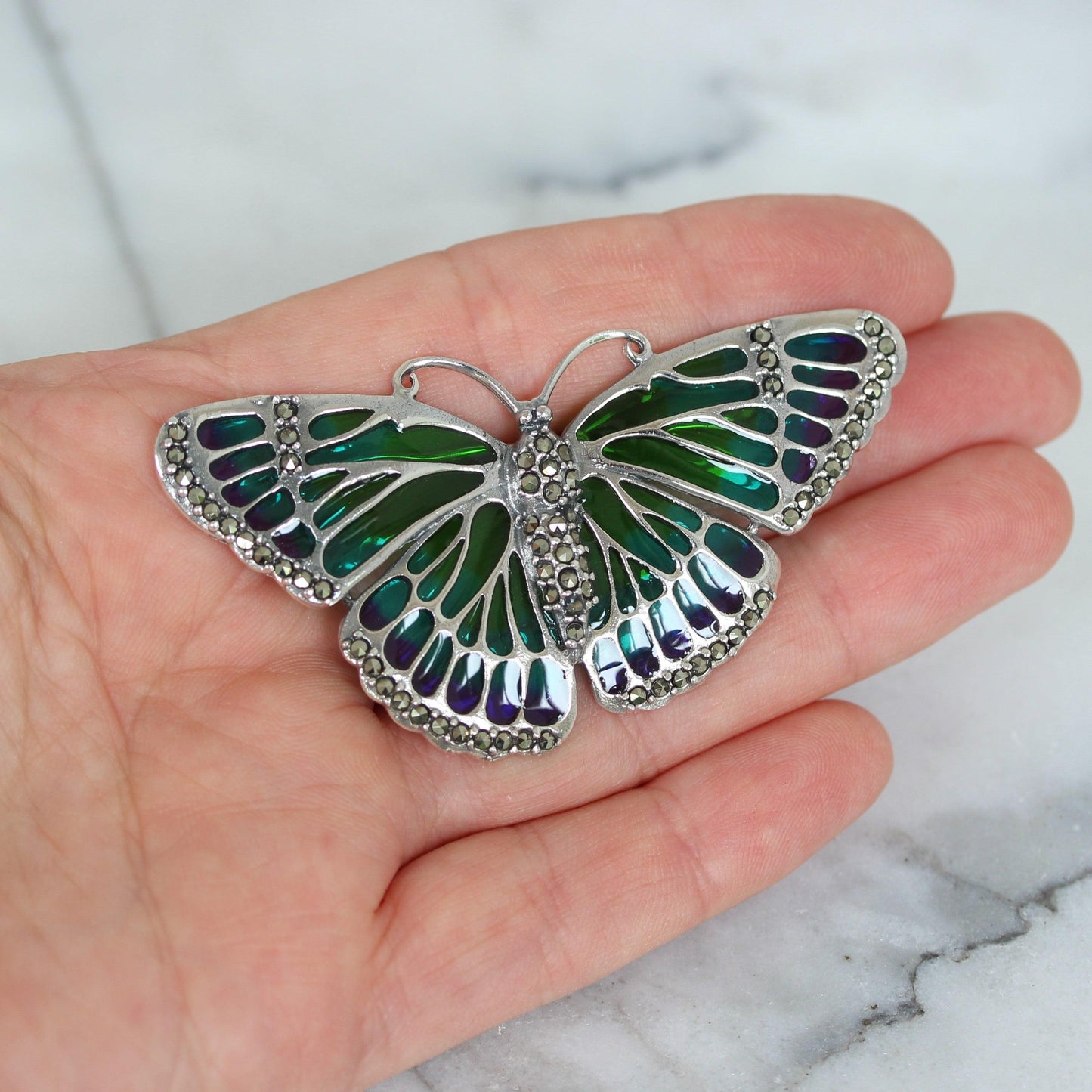 Sterling Silver Marcasite & Green/Blue Enamel Big Butterfly Brooch Pin - STERLING SILVER DESIGNS