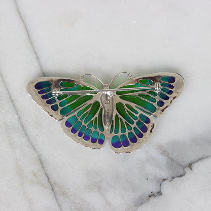 Sterling Silver Marcasite & Green/Blue Enamel Big Butterfly Brooch Pin - STERLING SILVER DESIGNS