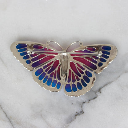 Sterling Silver Marcasite & Pink Enamel Big Butterfly Brooch Pin - STERLING SILVER DESIGNS