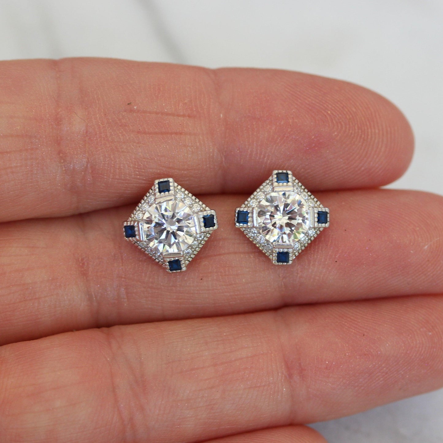 Sterling Silver Art Deco Style Syn Blue Sapphire & CZ Stud Earring - STERLING SILVER DESIGNS