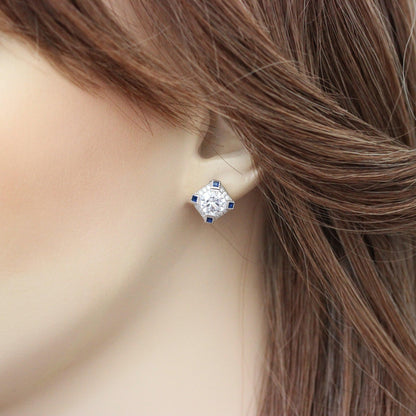 Sterling Silver Art Deco Style Syn Blue Sapphire & CZ Stud Earring - STERLING SILVER DESIGNS