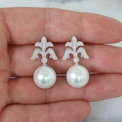 Sterling Silver Vintage Inspired Pearl & CZ Bridal Drop Earrings - STERLING SILVER DESIGNS