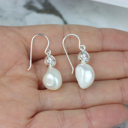 Sterling Silver Baroque Pearl & CZ Hook Drop Earrings - STERLING SILVER DESIGNS