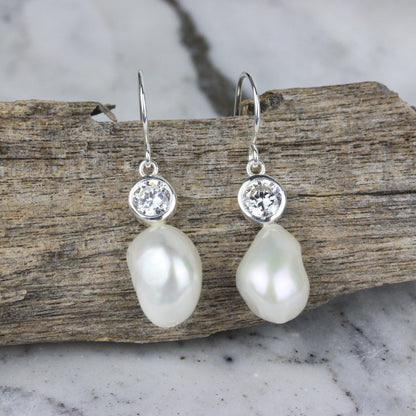 Sterling Silver Baroque Pearl & CZ Hook Drop Earrings - STERLING SILVER DESIGNS