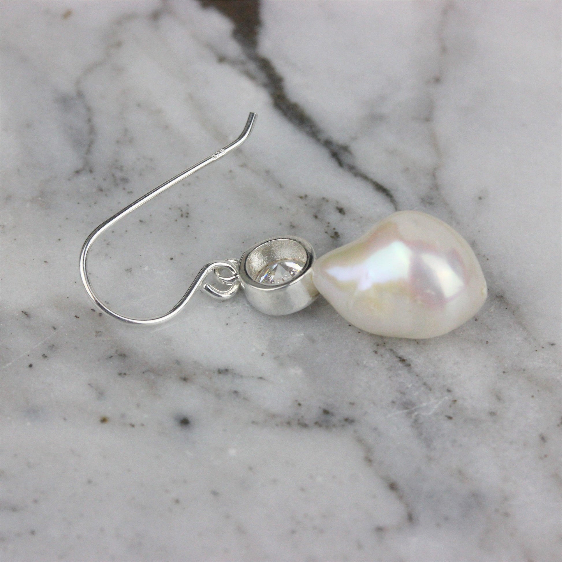 Sterling Silver Baroque Pearl & CZ Hook Drop Earrings - STERLING SILVER DESIGNS