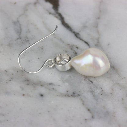 Sterling Silver Baroque Pearl & CZ Hook Drop Earrings - STERLING SILVER DESIGNS