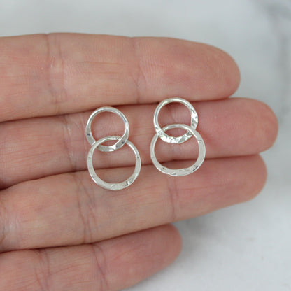 Sterling Silver Hammered Beaten Double Circle Drop Stud Earrings - STERLING SILVER DESIGNS