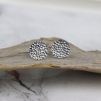 Sterling Silver 12mm Round Hammered Beaten Flat Disc Stud Earrings - STERLING SILVER DESIGNS