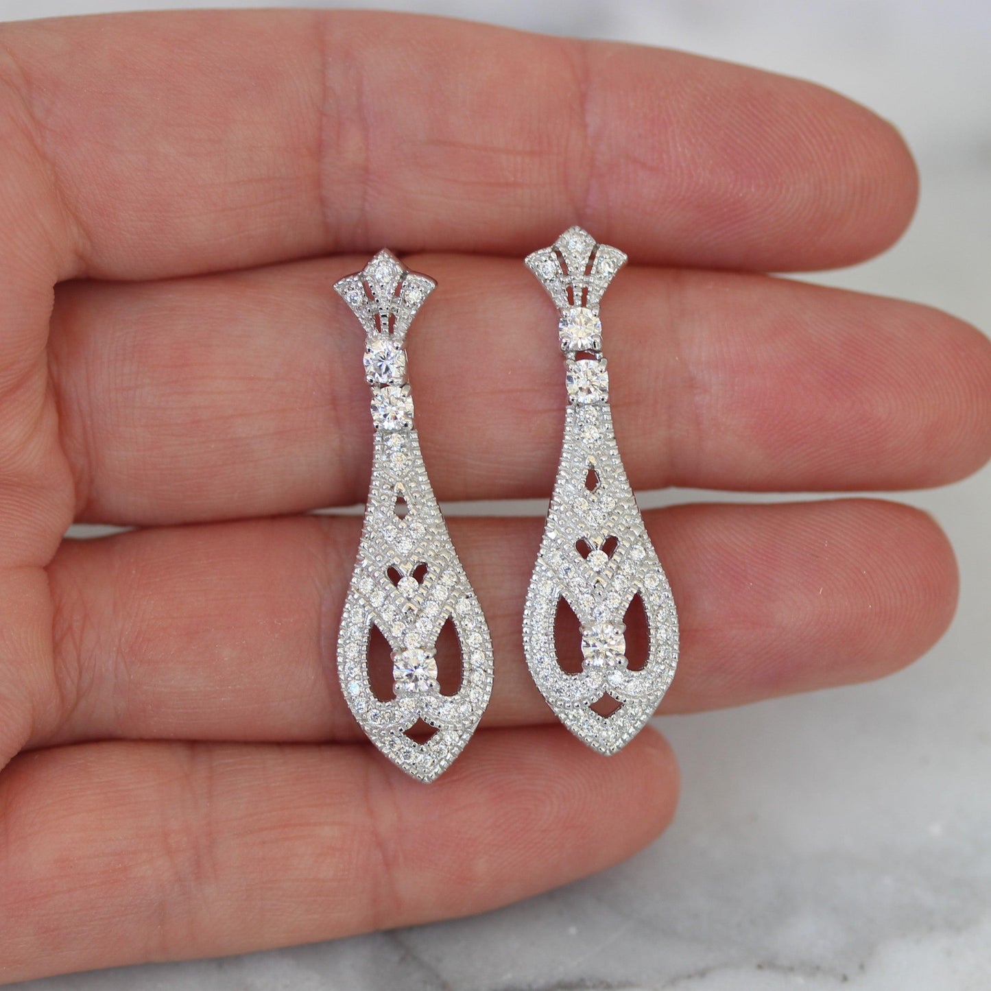 Sterling Silver Art Deco Style CZ Bridal Wedding Drop Earrings - STERLING SILVER DESIGNS