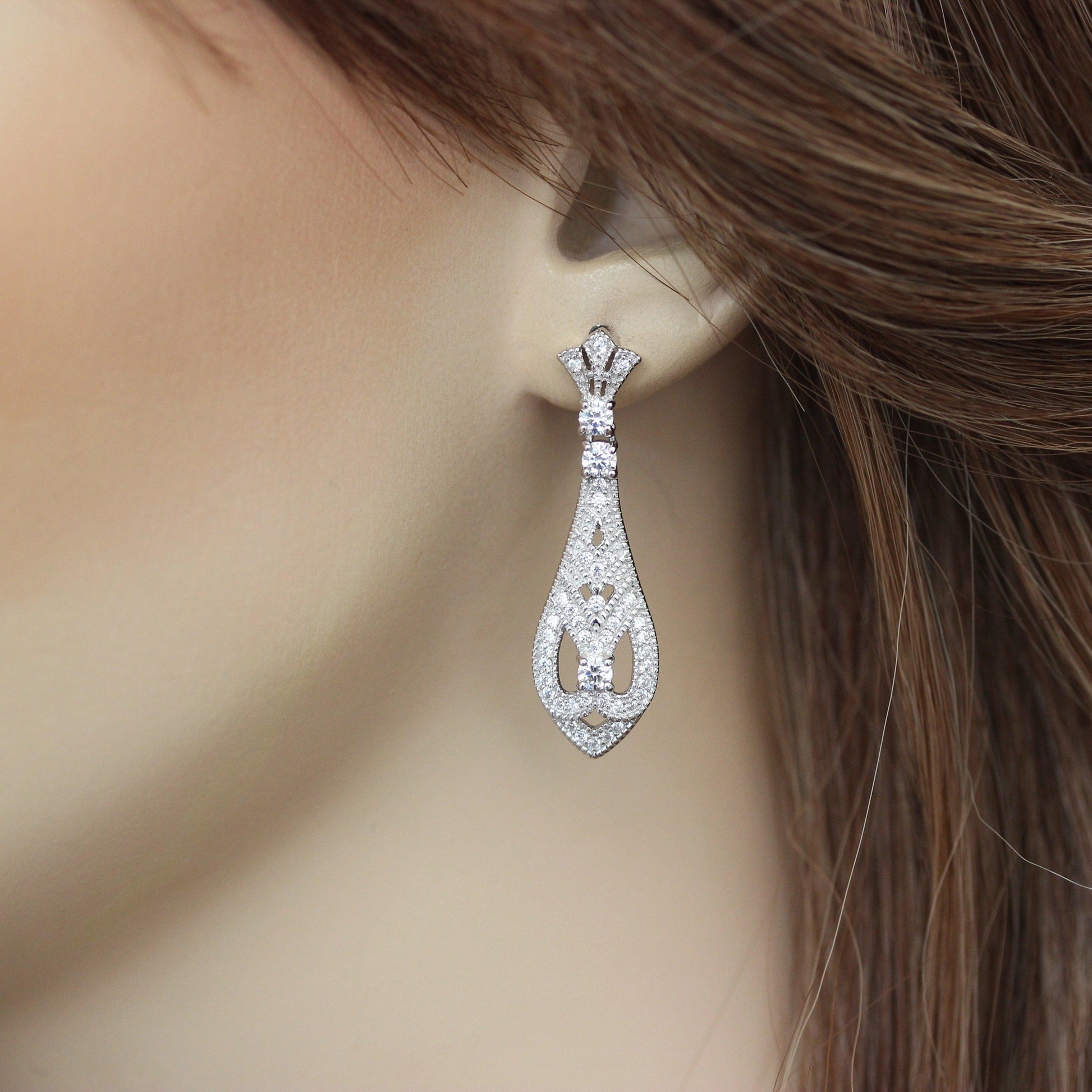 Sterling Silver Art Deco Style CZ Bridal Wedding Drop Earrings - STERLING SILVER DESIGNS