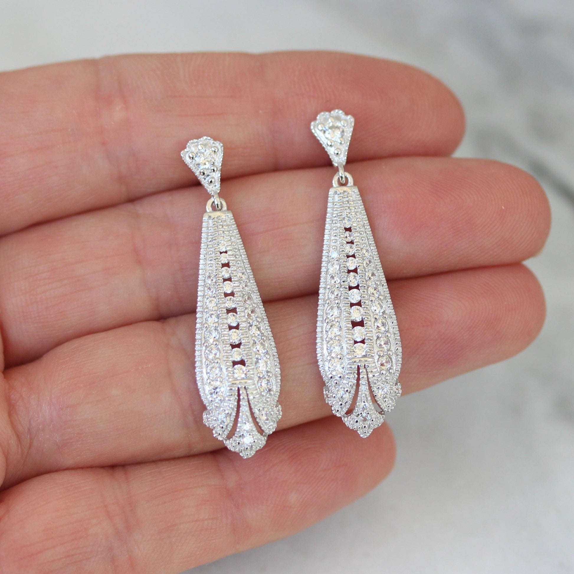 Sterling Silver Art Deco Inspired CZ Bridal Wedding Drop Earrings - STERLING SILVER DESIGNS