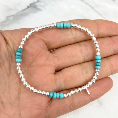 Sterling Silver 3 x 4mm Small Bead Balls & Turquoise 17.5cm Stretch Bracelet - STERLING SILVER DESIGNS