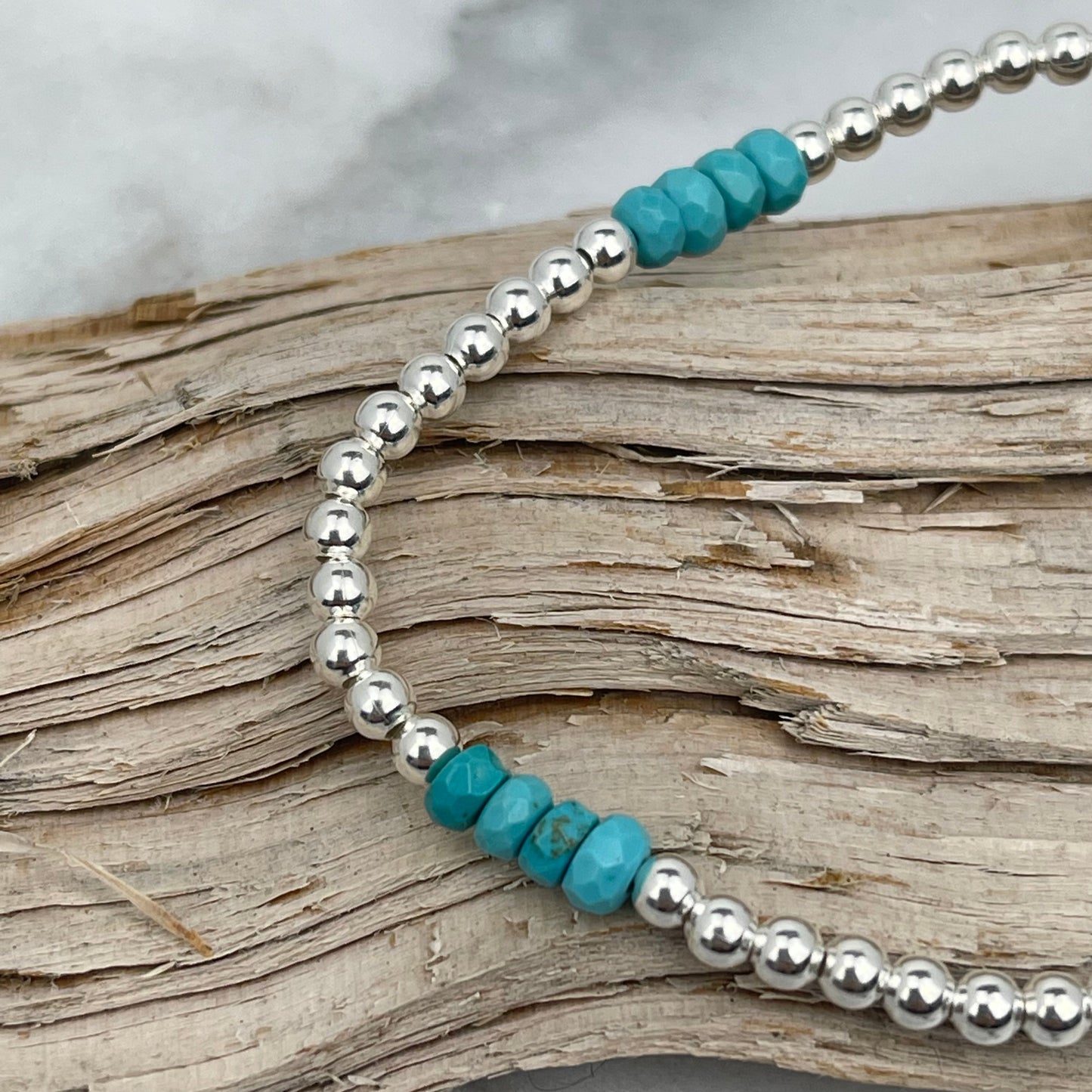 Sterling Silver 3 x 4mm Small Bead Balls & Turquoise 17.5cm Stretch Bracelet - STERLING SILVER DESIGNS