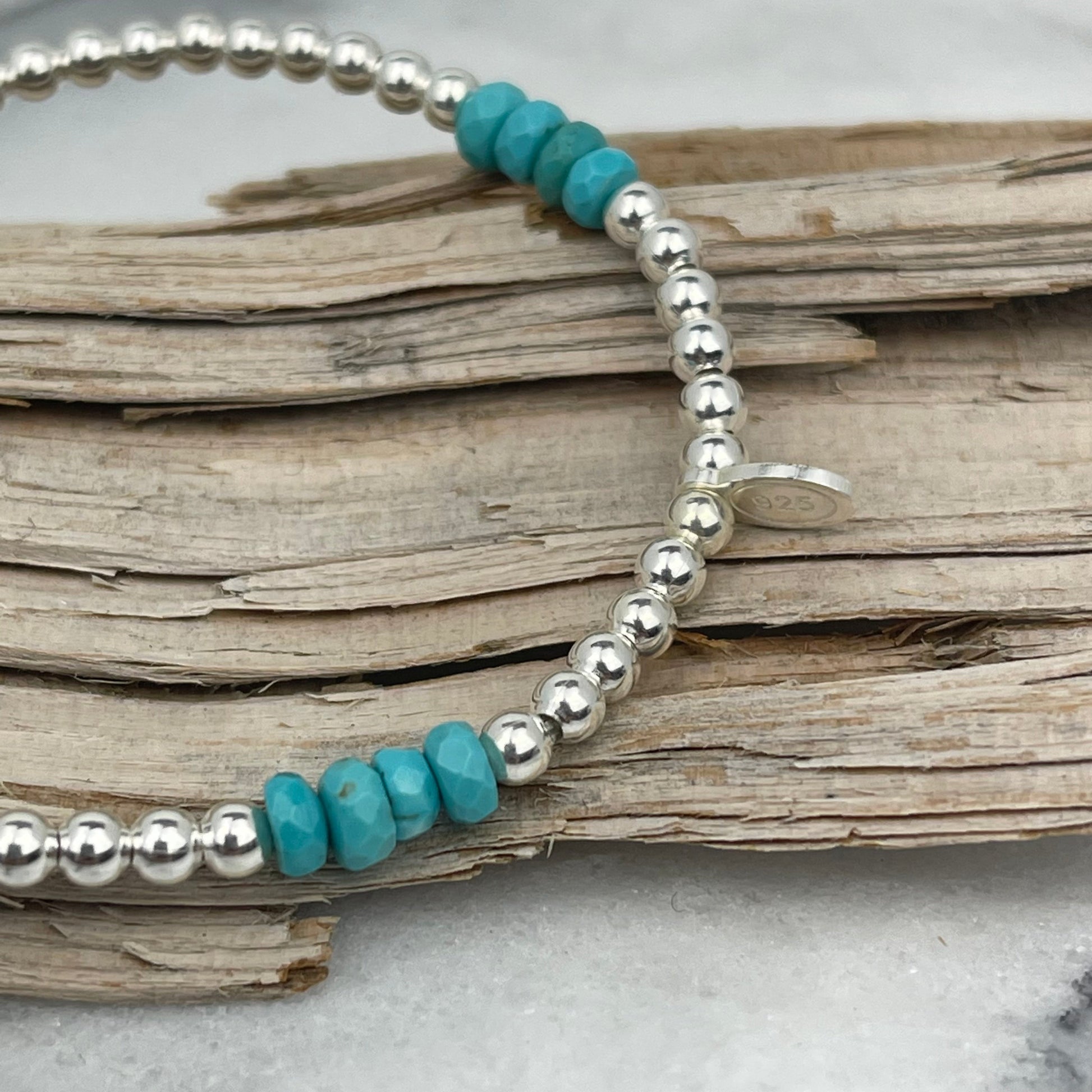 Sterling Silver 3 x 4mm Small Bead Balls & Turquoise 17.5cm Stretch Bracelet - STERLING SILVER DESIGNS