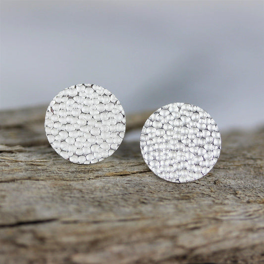 Sterling Silver Big 14mm Round Hammered Beaten Flat Disc Stud Earrings - STERLING SILVER DESIGNS