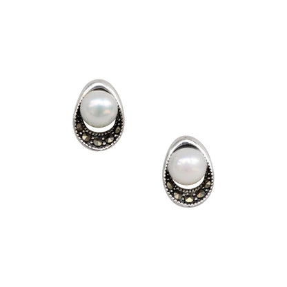 Sterling Silver Marcasite & Fresh Water Pearl Stud Earrings - STERLING SILVER DESIGNS