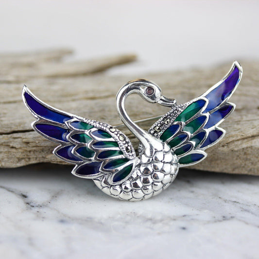 Sterling Silver Swan Marcasite & Enamel Brooch Pin Vintage Inspired - STERLING SILVER DESIGNS