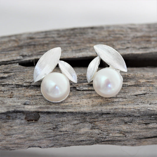 Sterling Silver Bridal 7mm Fresh Water Pearl Matt Leaf Stud Drop Earrings - STERLING SILVER DESIGNS