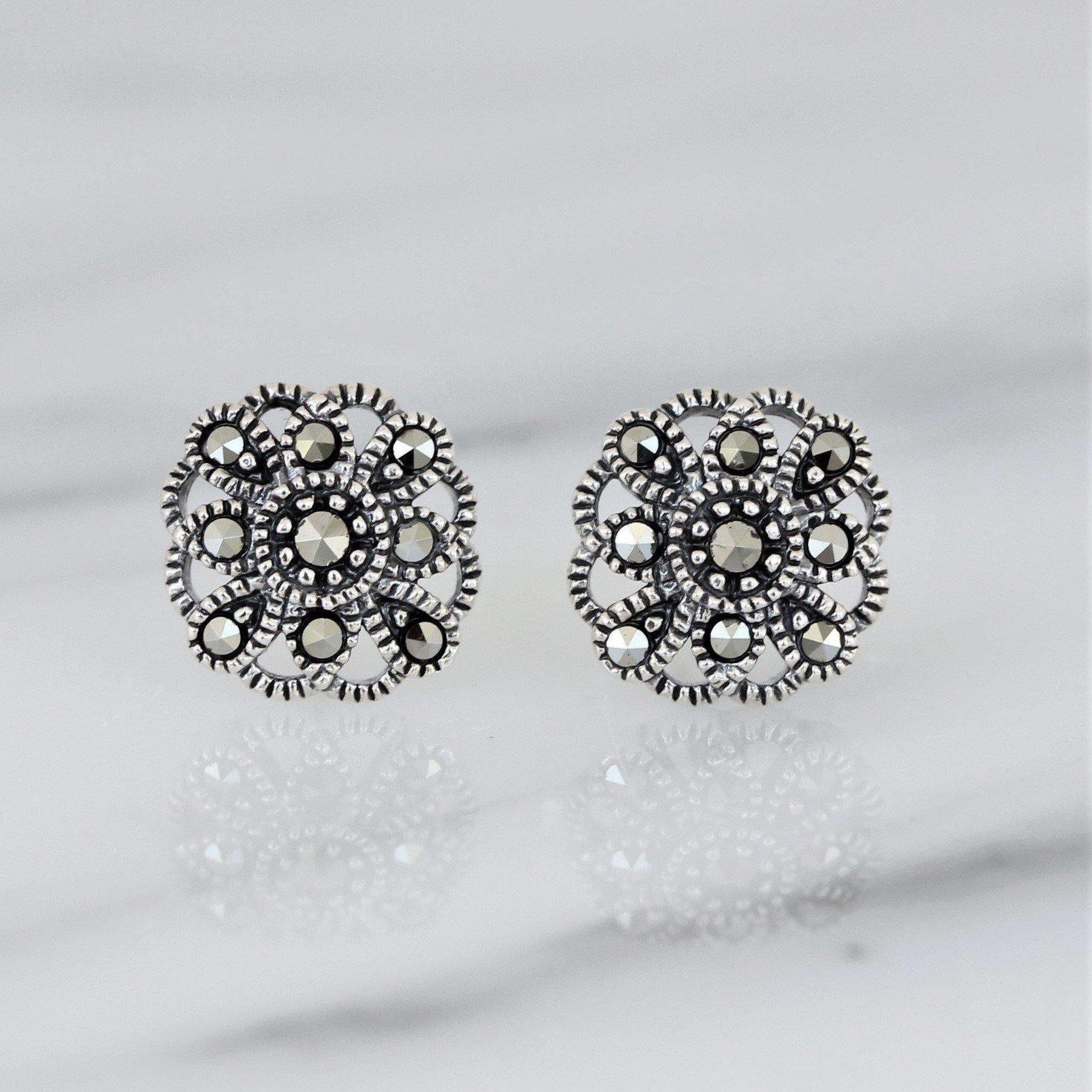 Sterling Silver Art Deco Style Marcasite 10mm Stud Earrings - STERLING SILVER DESIGNS