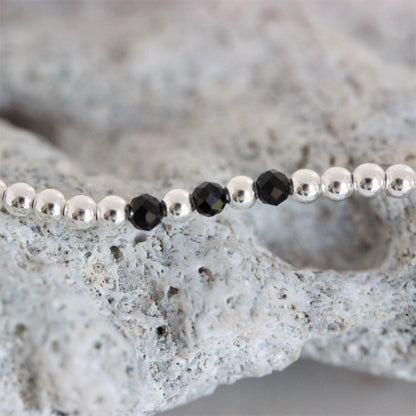 Sterling Silver 2mm x 2.5mm Small Bead Balls & Black Onyx 18cm Stretch Bracelet - STERLING SILVER DESIGNS