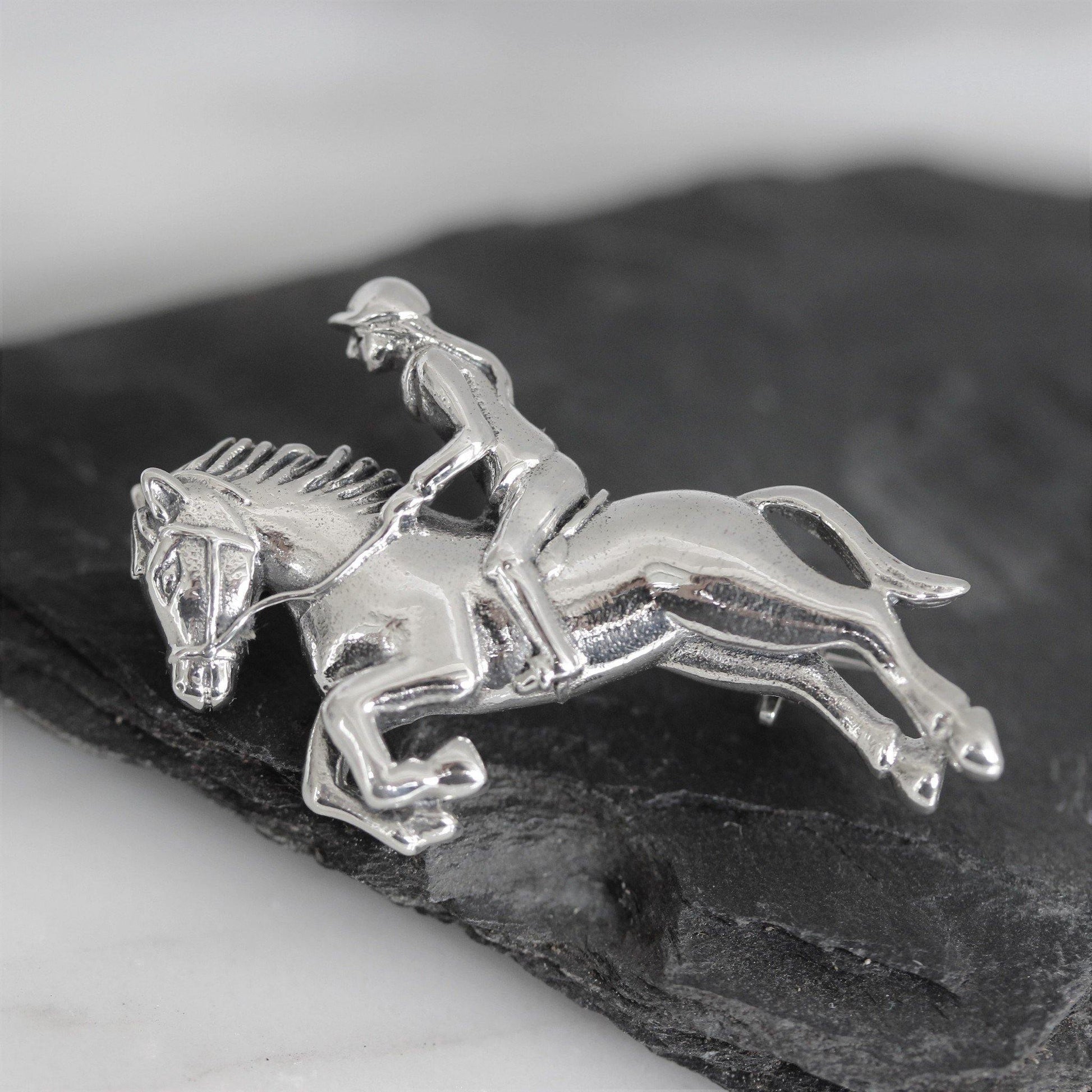 Sterling Silver Girl Lady Riding Jumping Horse Brooch Pin Equestrian - STERLING SILVER DESIGNS