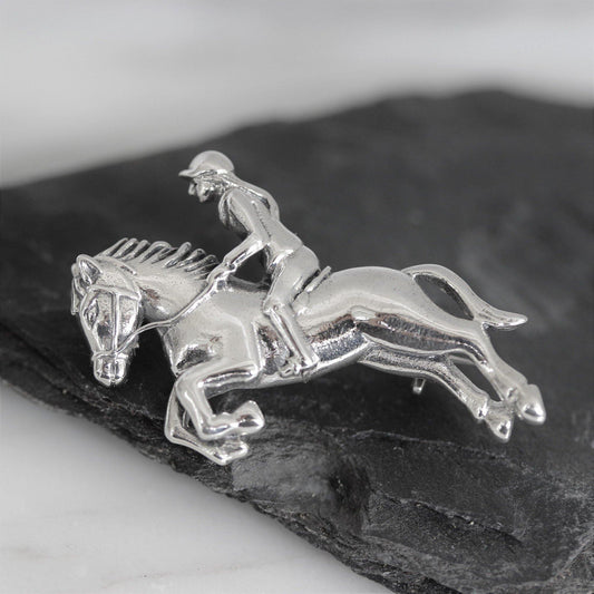 Sterling Silver Girl Lady Riding Jumping Horse Brooch Pin Equestrian - STERLING SILVER DESIGNS