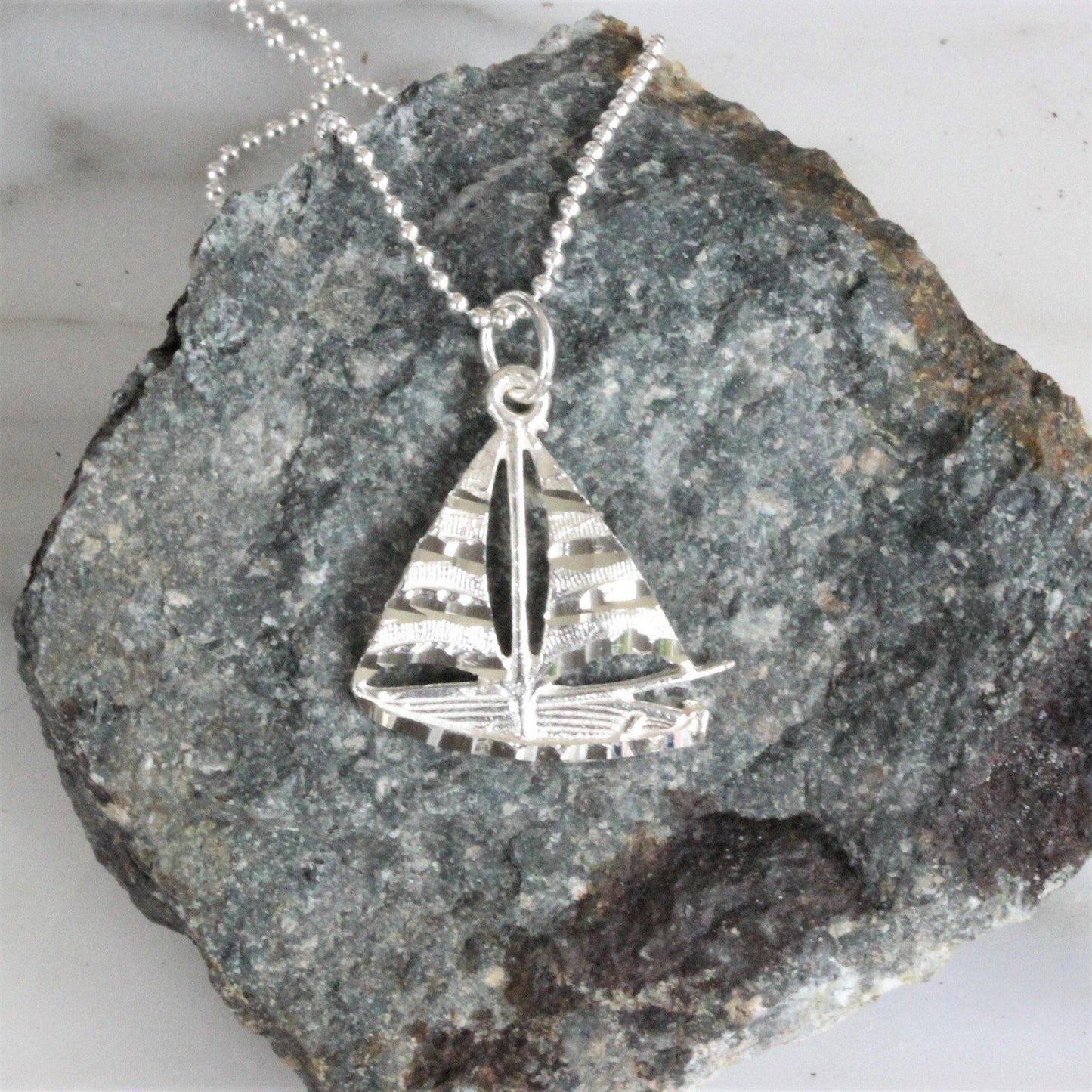 Sterling Silver 925 Sailing Boat Pendant & 45cm Ball Bead Chain Necklace - STERLING SILVER DESIGNS