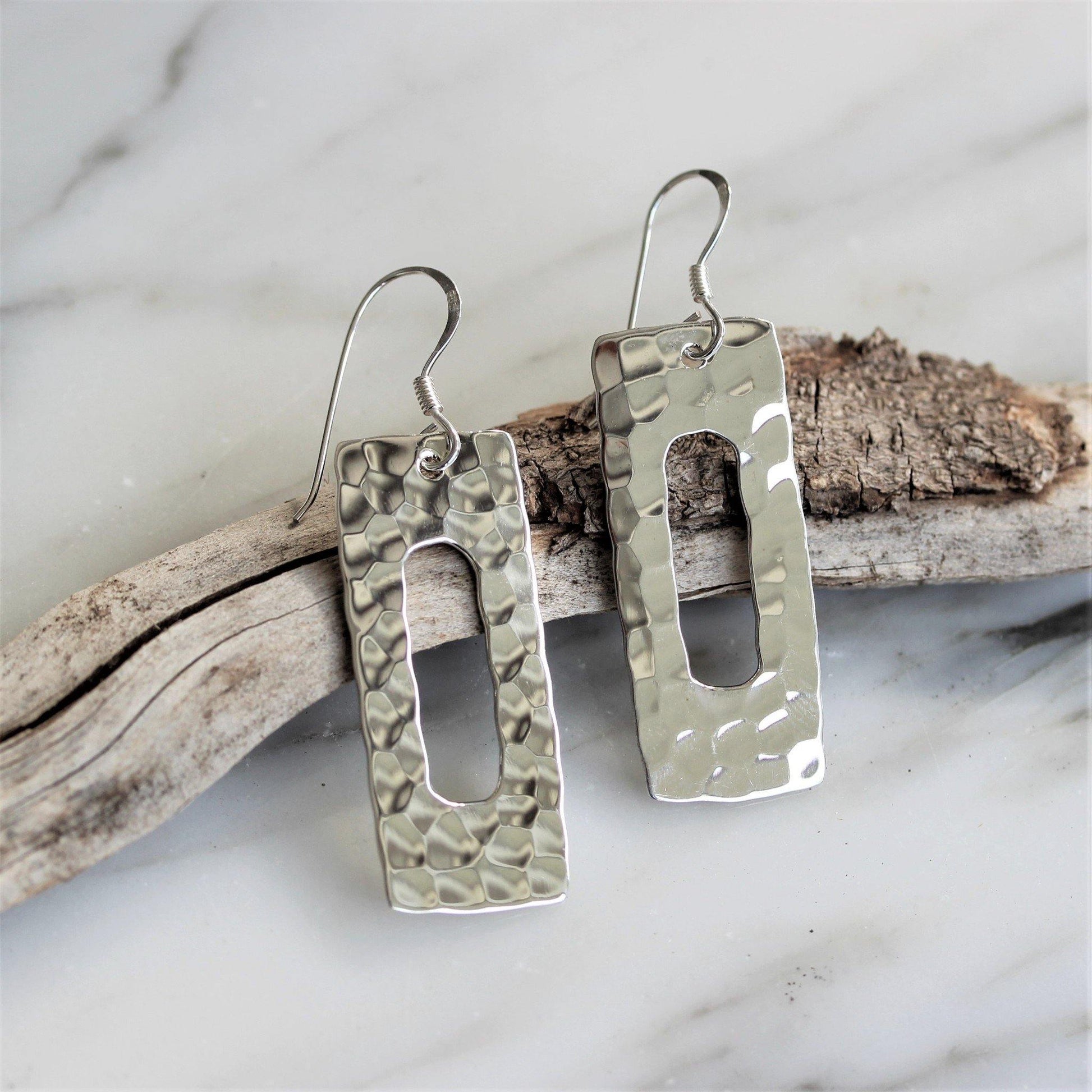 Sterling Silver Modern Hammered Beaten Drop Dangle Open Rectangle Earrings - STERLING SILVER DESIGNS