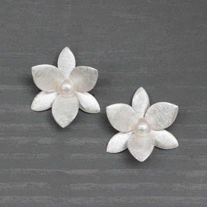 Sterling Silver Big 25mm Pearl Flower Brushed Matt Finish Earrings - STERLING SILVER DESIGNS