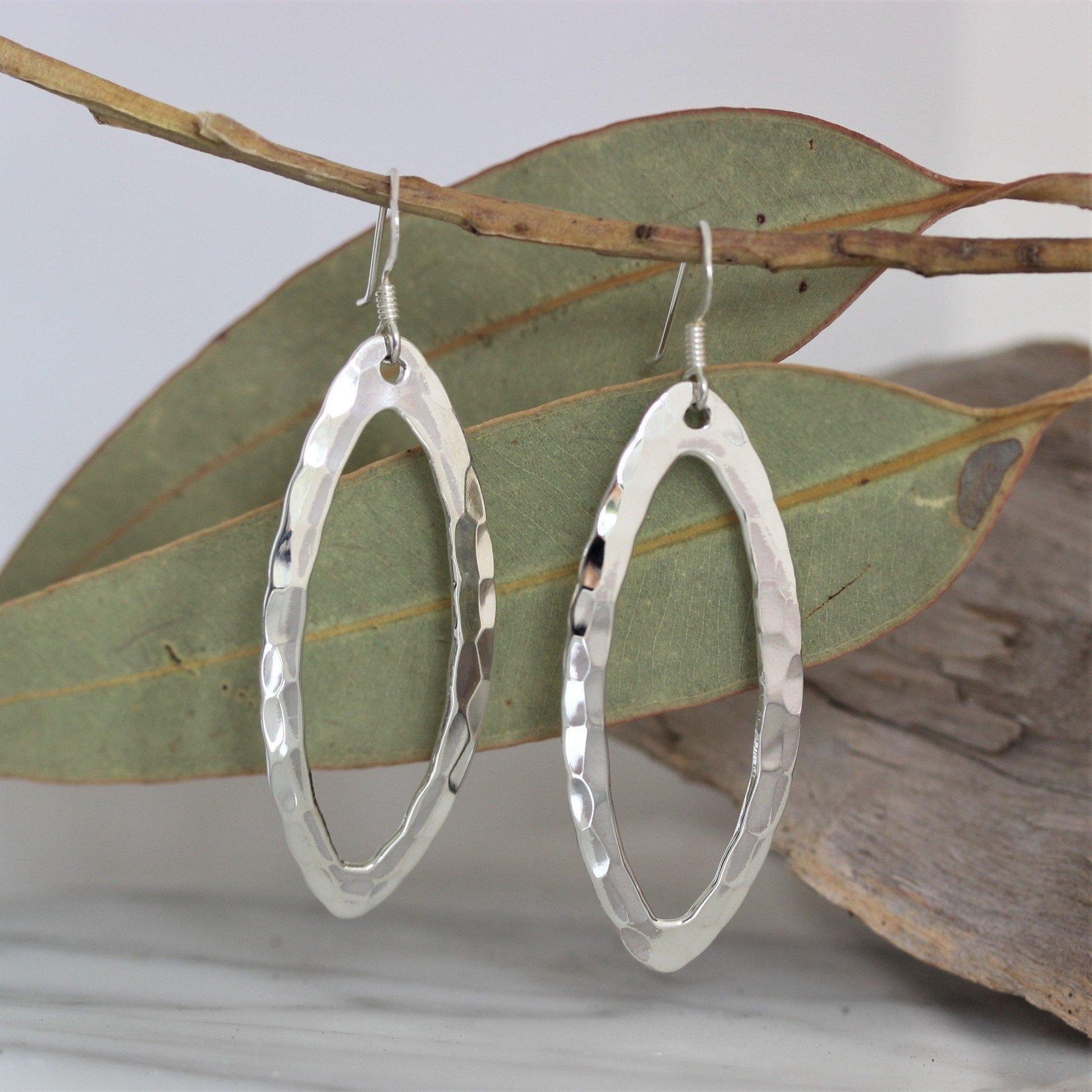 Sterling Silver Modern Hammered Beaten Drop Dangle Open Oval Earrings - STERLING SILVER DESIGNS