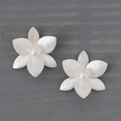 Sterling Silver Big 25mm Pearl Flower Brushed Matt Finish Earrings - STERLING SILVER DESIGNS