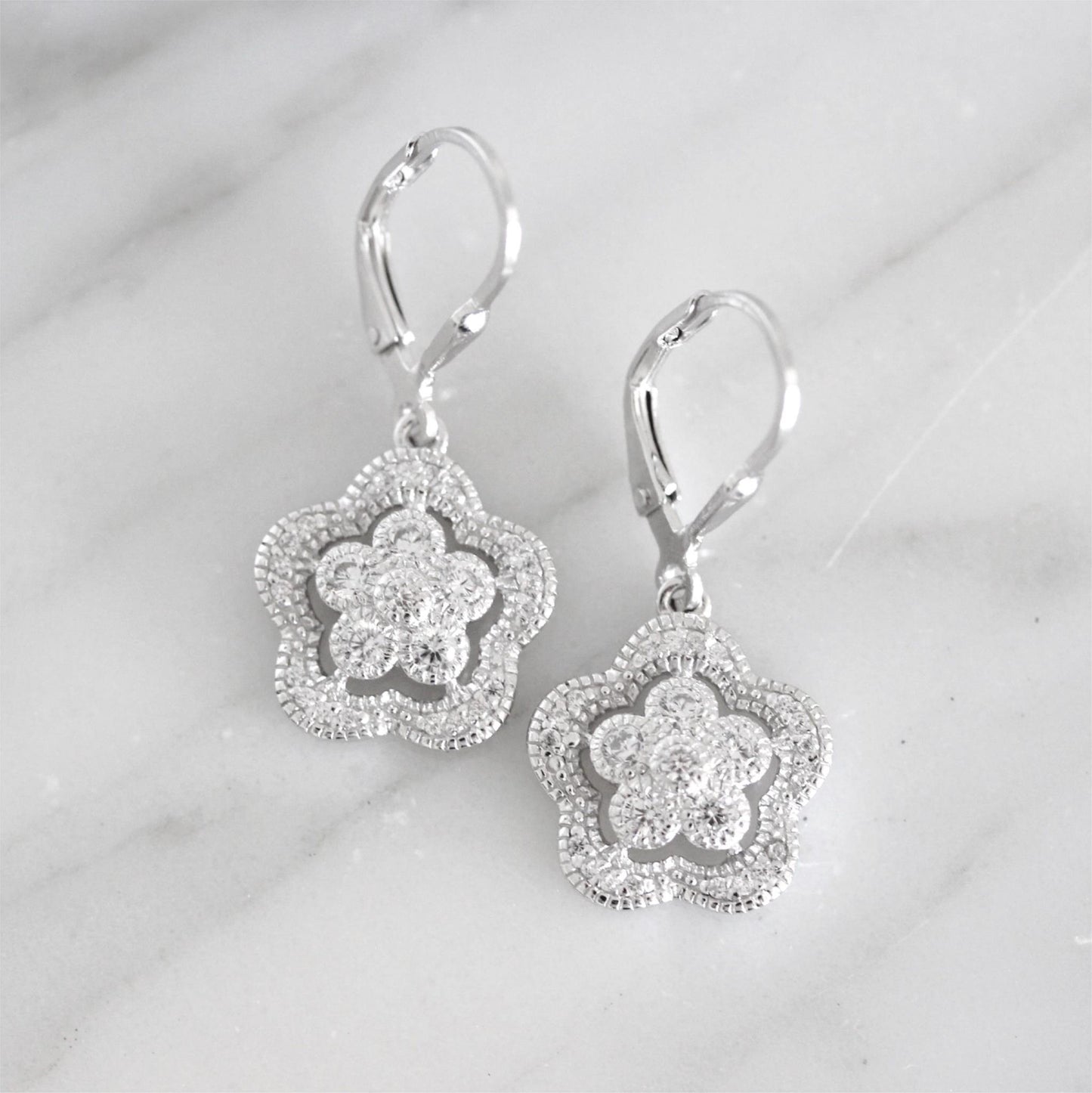 Sterling Silver Art Deco Inspired CZ Leverback Drop Dangle Earrings - STERLING SILVER DESIGNS