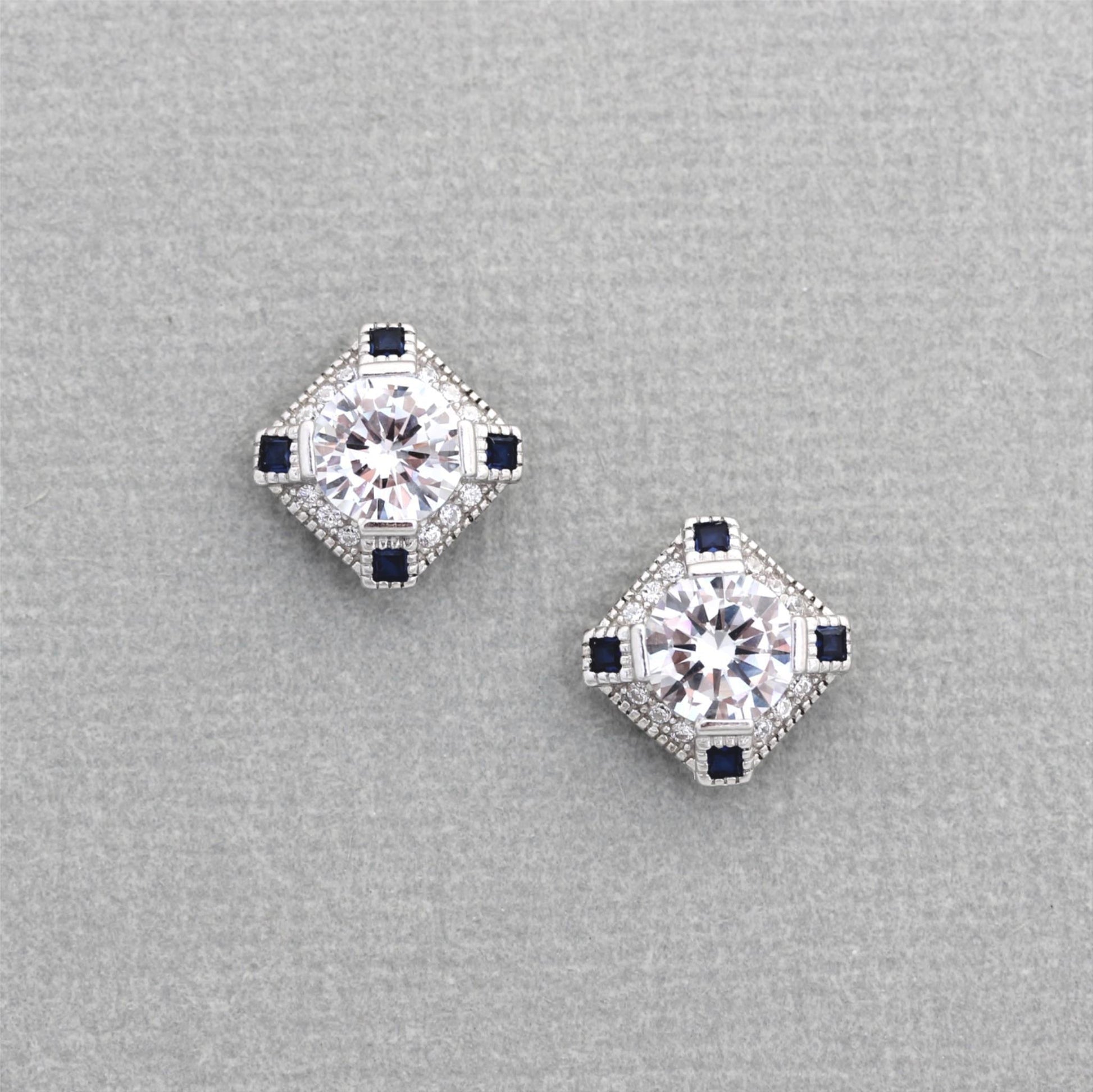 Sterling Silver Art Deco Style Syn Blue Sapphire & CZ Stud Earring - STERLING SILVER DESIGNS