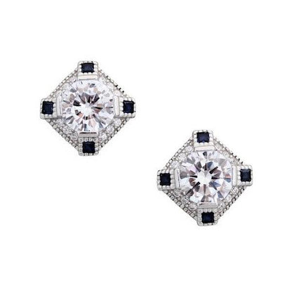 Sterling Silver Art Deco Style Syn Blue Sapphire & CZ Stud Earring - STERLING SILVER DESIGNS