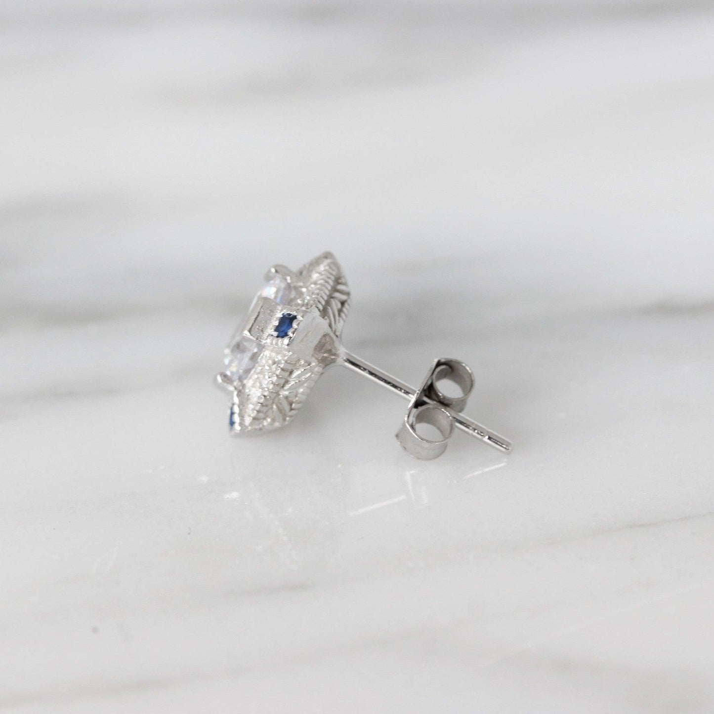 Sterling Silver Art Deco Style Syn Blue Sapphire & CZ Stud Earring - STERLING SILVER DESIGNS