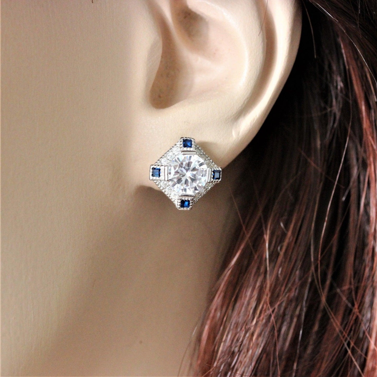 Sterling Silver Art Deco Style Syn Blue Sapphire & CZ Stud Earring - STERLING SILVER DESIGNS