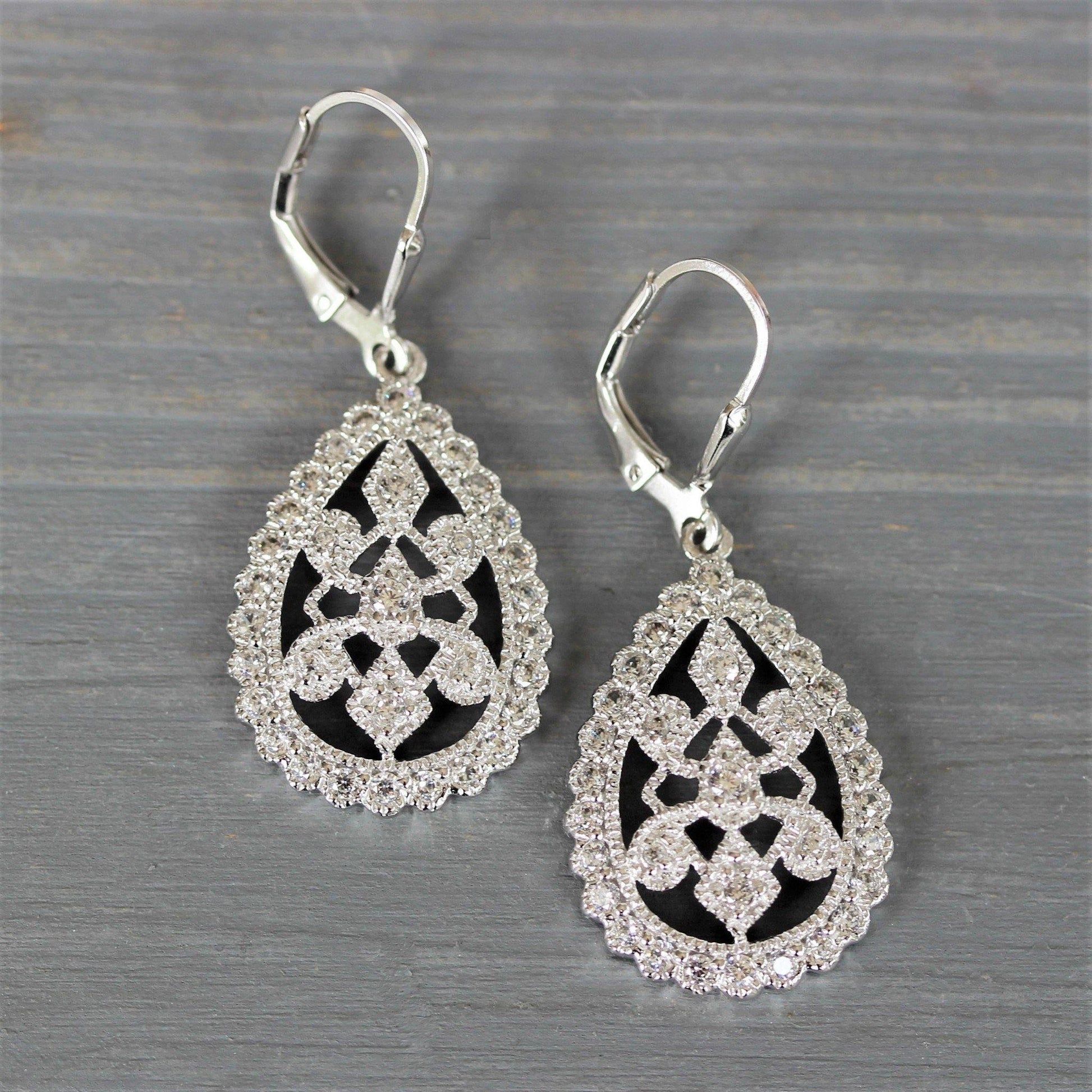 Sterling Silver Art Deco Style Bridal Wedding CZ Teardrop Leverback Earrings - STERLING SILVER DESIGNS