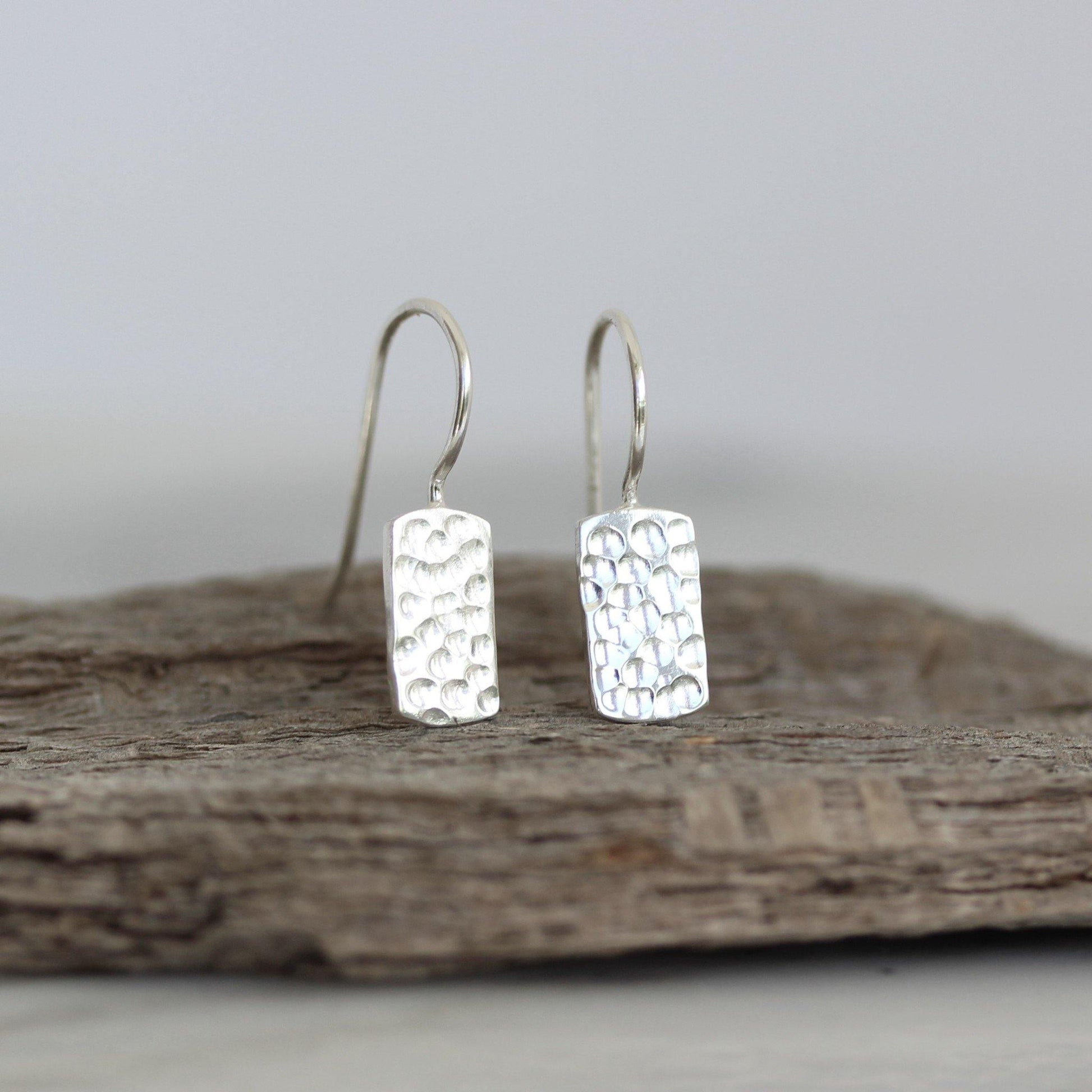 Sterling Silver Modern Hammered Beaten Rectangular Shape Hook Drop Earrings - STERLING SILVER DESIGNS