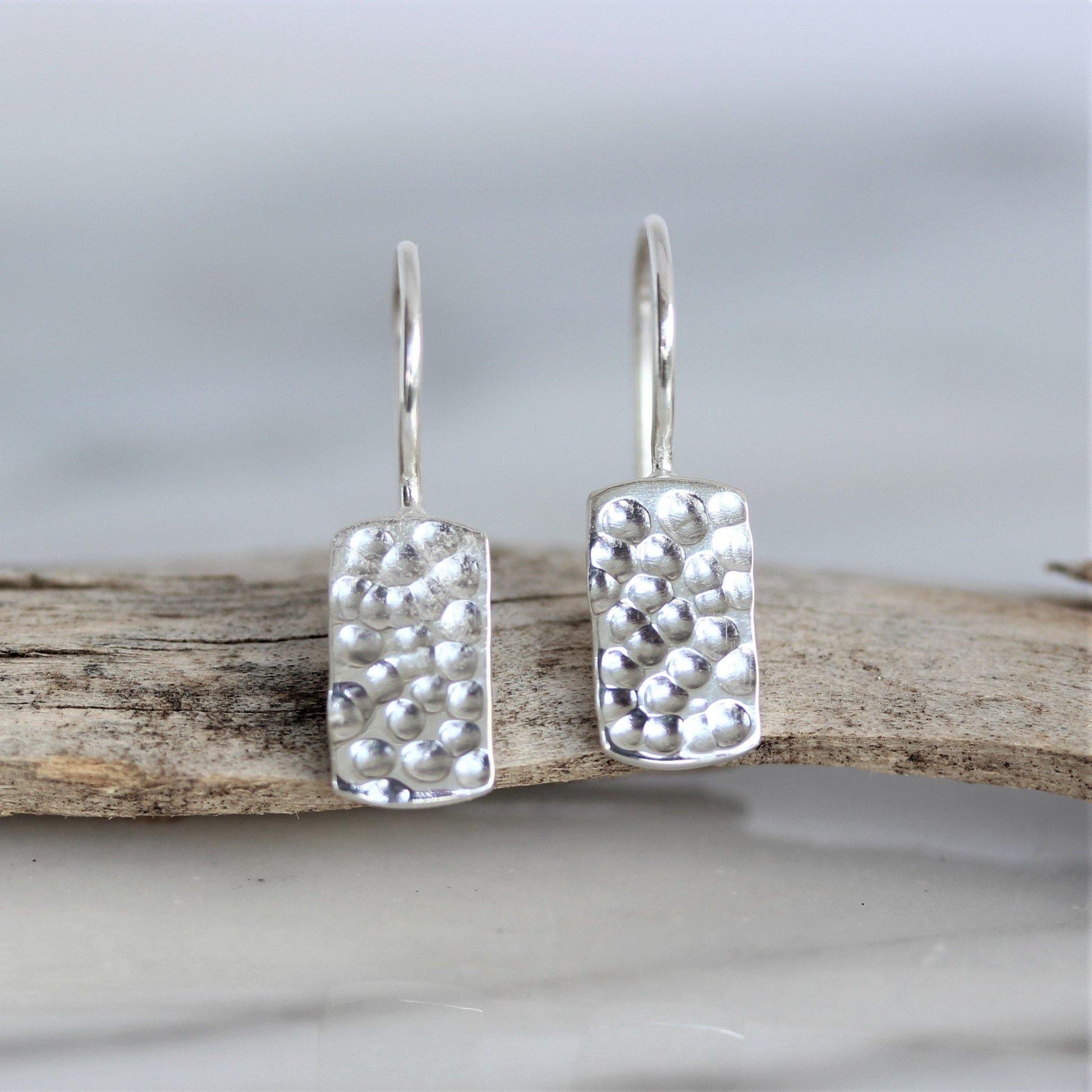 Sterling Silver Modern Hammered Beaten Rectangular Shape Hook Drop Earrings - STERLING SILVER DESIGNS