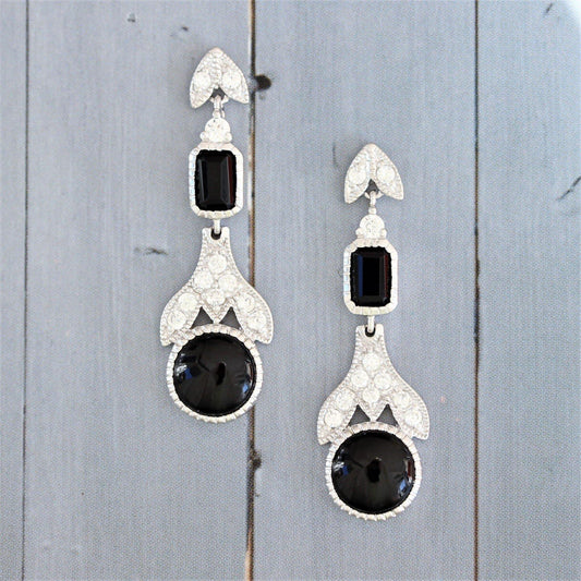 Sterling Silver Art Deco Style Black Onyx & CZ Drop Earrings - STERLING SILVER DESIGNS