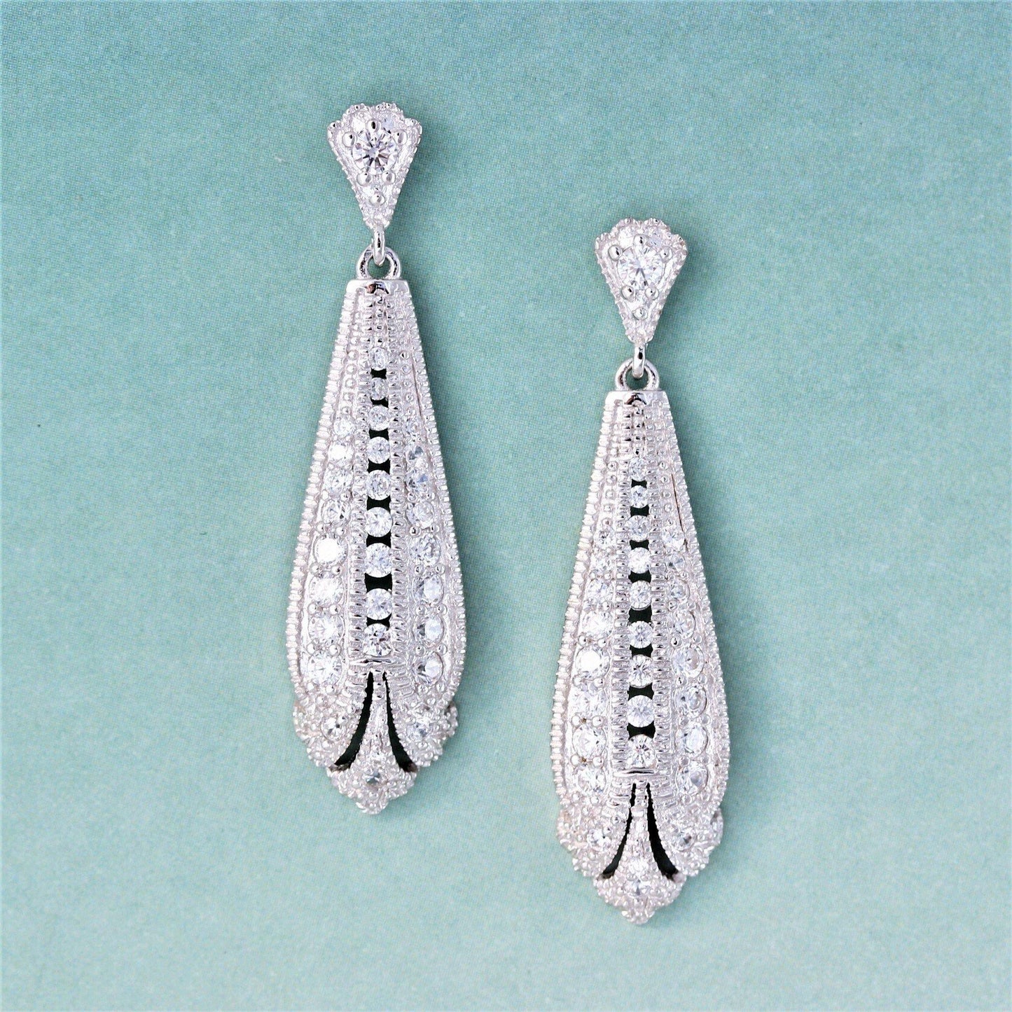 Sterling Silver Art Deco Inspired CZ Bridal Wedding Drop Earrings - STERLING SILVER DESIGNS