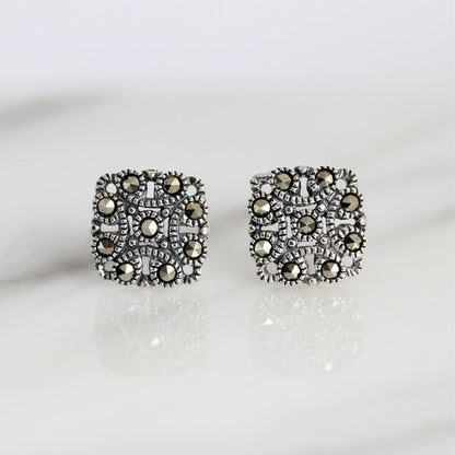 Sterling Silver Art Deco Vintage Style Marcasite 9mm Square Stud Earrings - STERLING SILVER DESIGNS