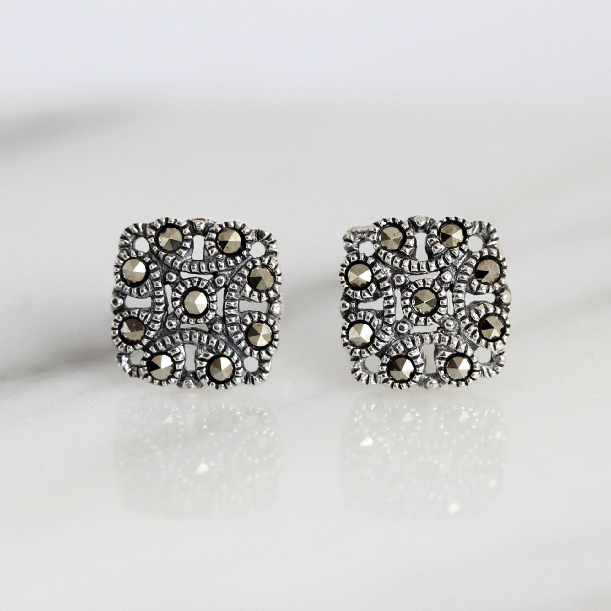 Sterling Silver Art Deco Vintage Style Marcasite 9mm Square Stud Earrings - STERLING SILVER DESIGNS