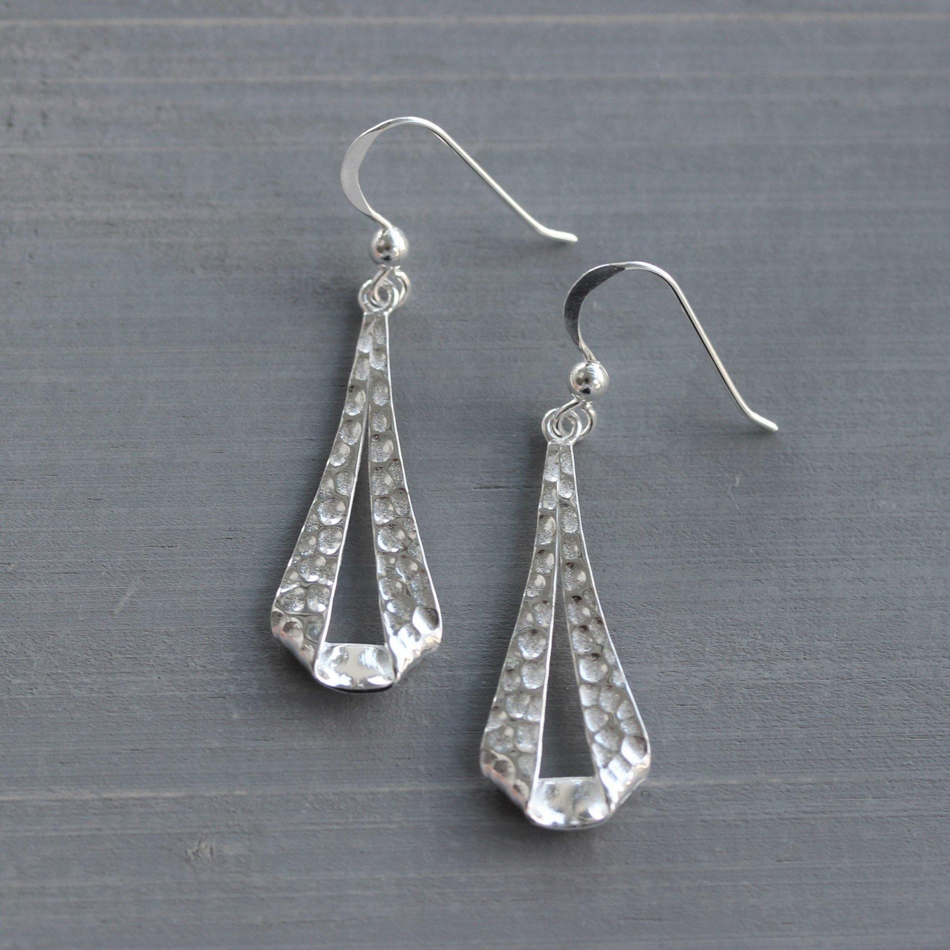 Sterling Silver Modern Hammered Beaten Drop Dangle Hook Earrings - STERLING SILVER DESIGNS