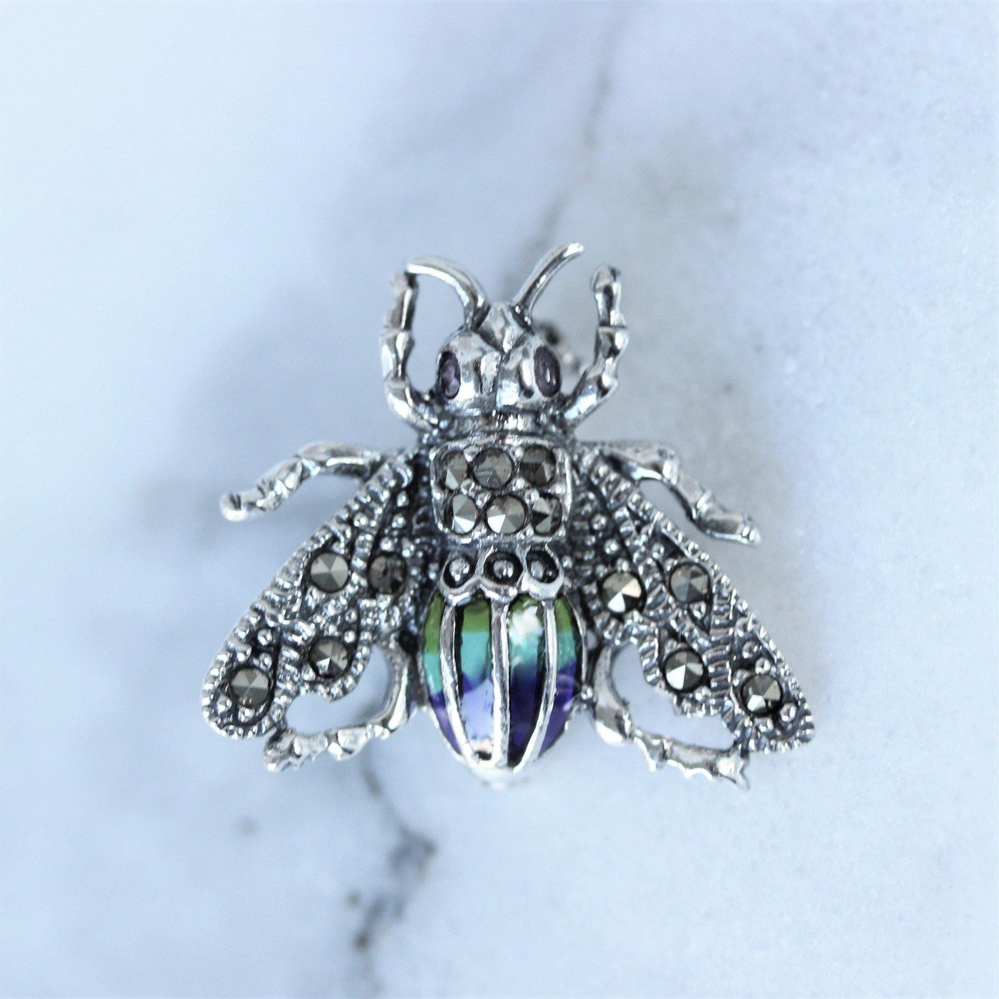 Sterling Silver Marcasite & Enamel Small Bee Bumblebee Brooch Pin - STERLING SILVER DESIGNS